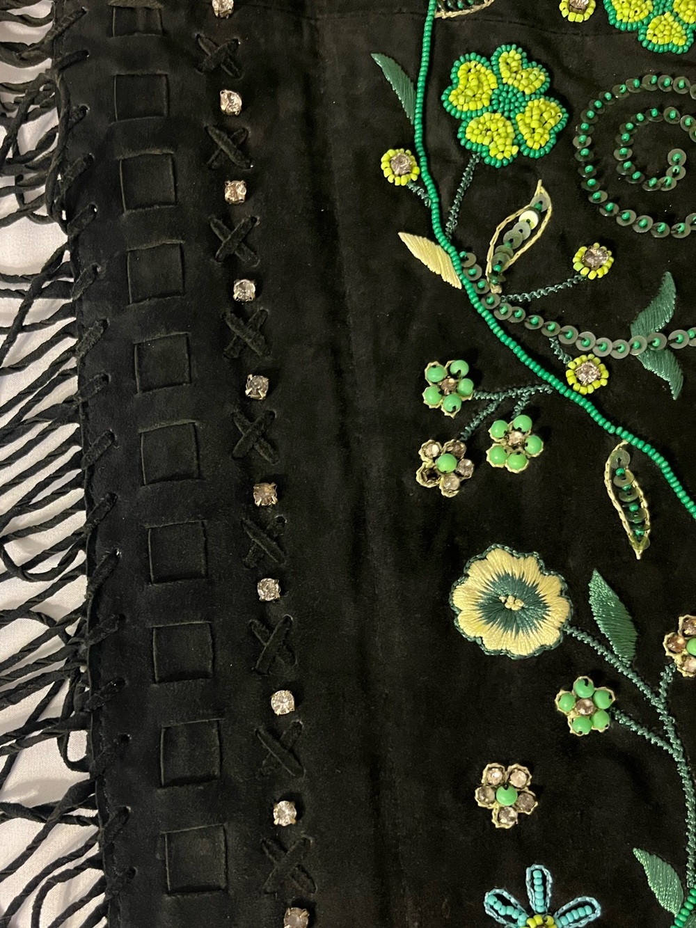 RARE Double D Leather Fringe Chaps with Intricate Beads & Sequin Floral Design - Picture 5 of 16